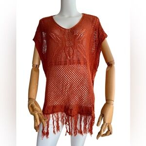 Boho Women’s Crocheted Poncho Swim Cover Up Fringe Hem Pumpkin Spice Rust
